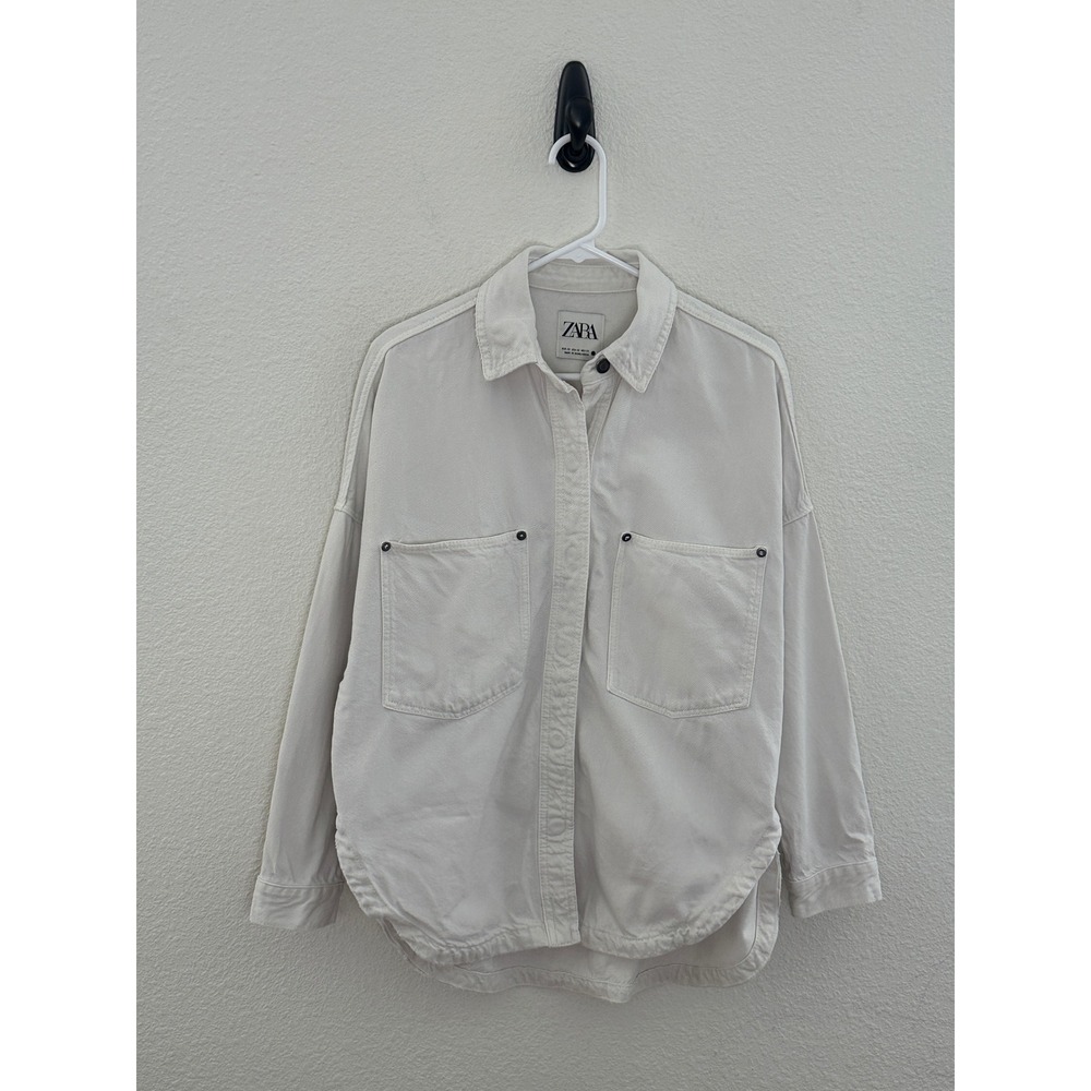 Zara Denim Shirt Off White Oversized Button Down Long Sleeve Shacket Capsule XS